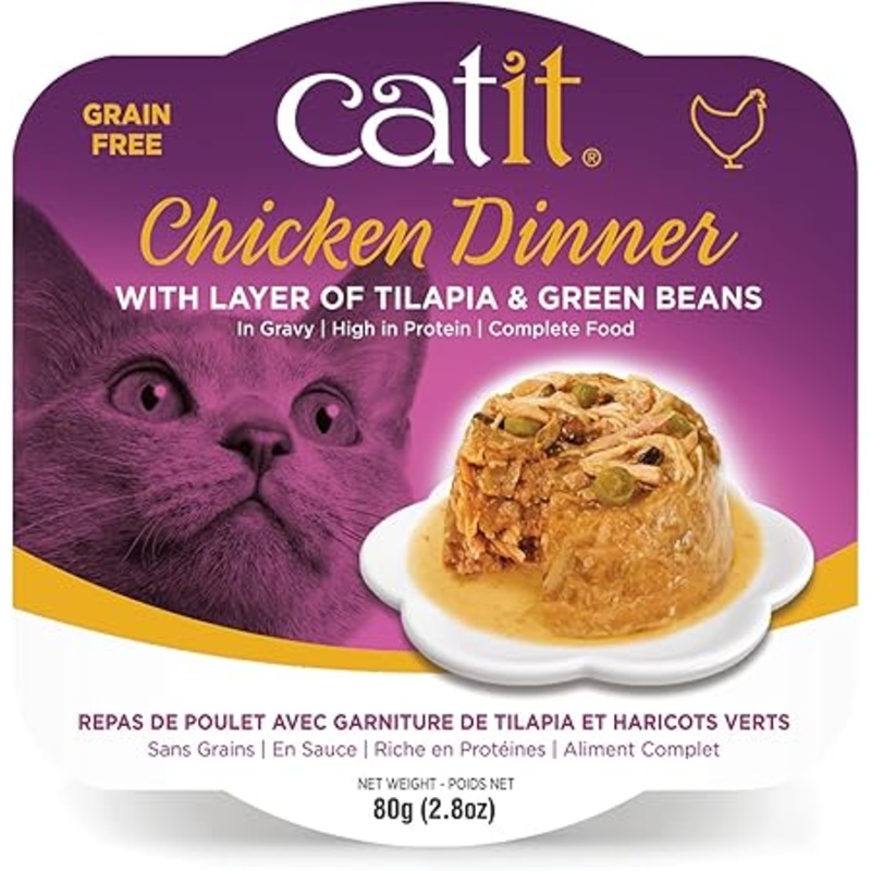 Catit chicken dinner with layer of tilapia and green beans